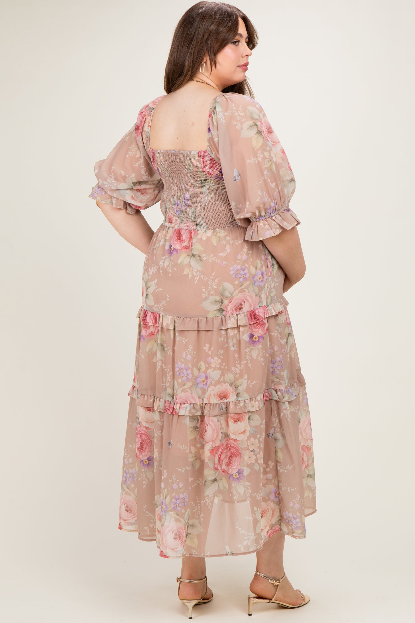 Taupe Floral Smocked Chiffon Tiered Maternity Plus Maxi Dress
