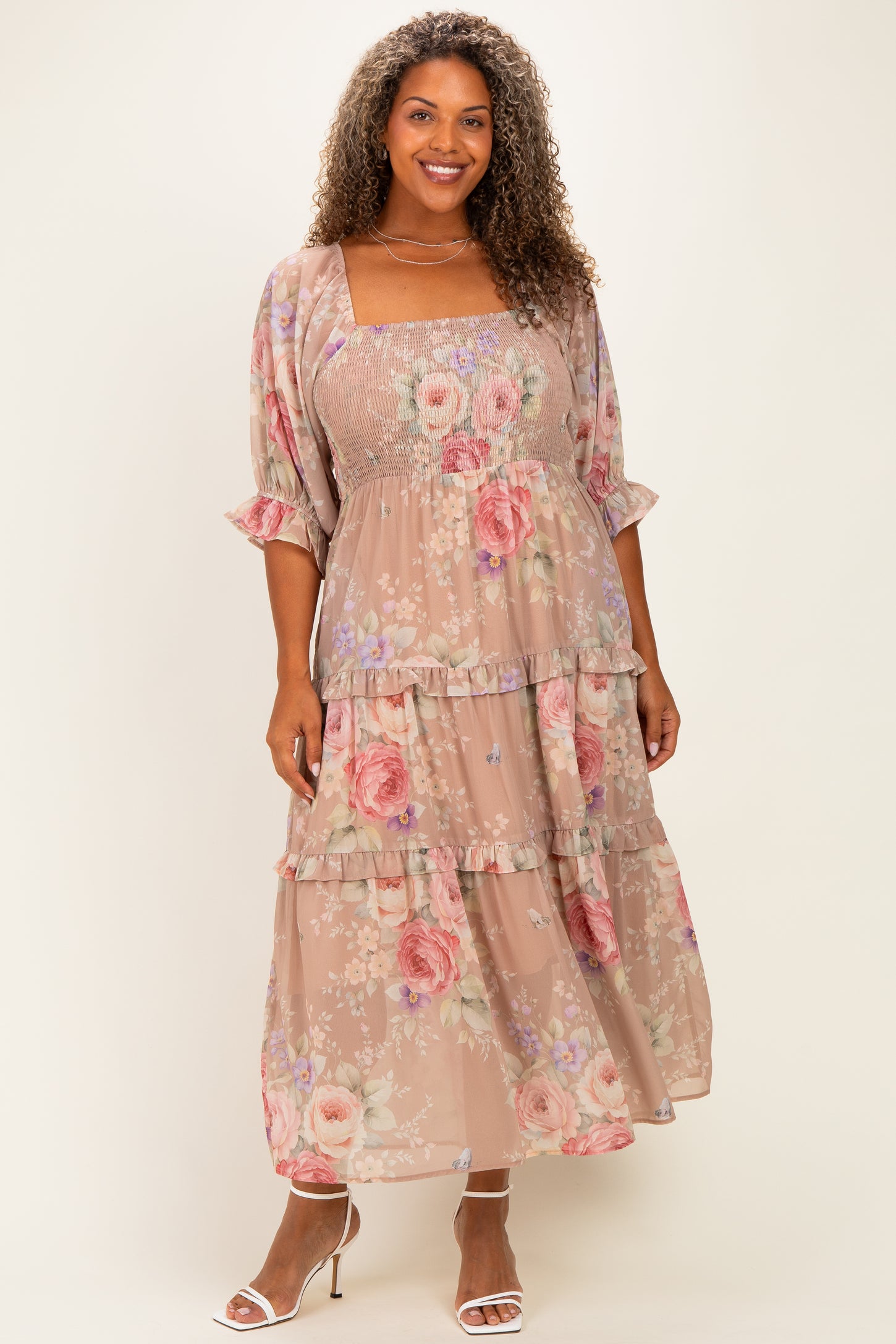 Taupe Floral Smocked Chiffon Tiered Maternity Plus Maxi Dress