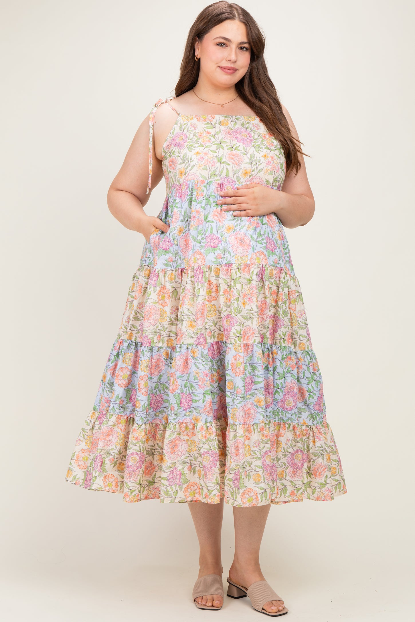 Pink Floral Colorblock Tiered Maternity Plus Maxi Dress