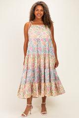 Pink Floral Colorblock Tiered Maternity Plus Maxi Dress