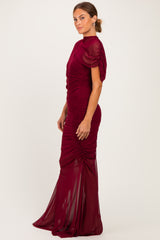 Burgundy Draped Bodice Ruched Mesh Maxi Dress