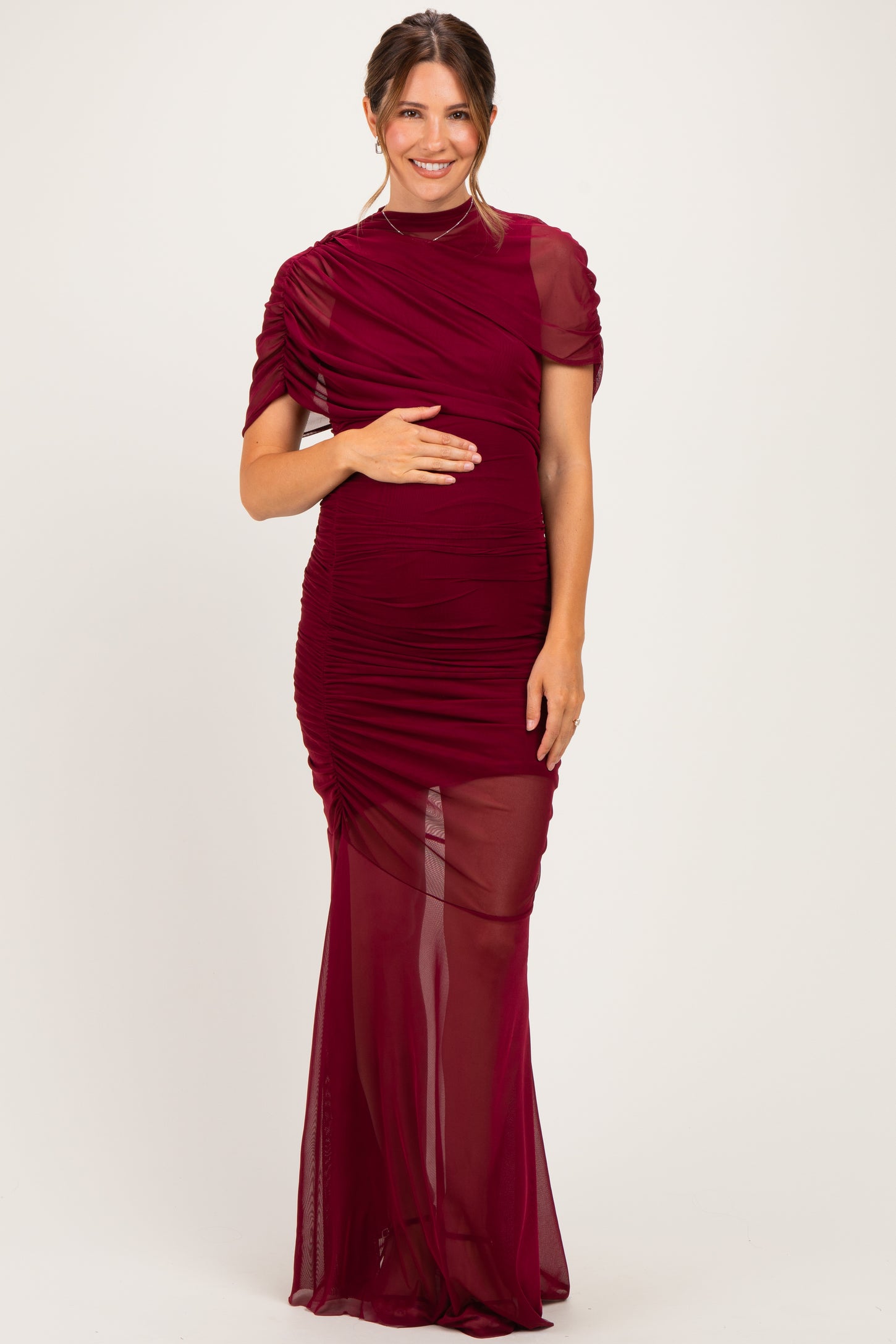 Burgundy Draped Bodice Ruched Mesh Maternity Maxi Dress