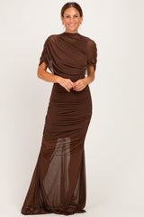Brown Draped Bodice Ruched Mesh Maxi Dress