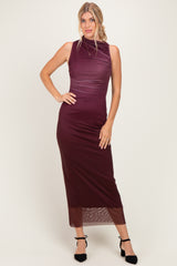 Burgundy Ombre Mesh Ruched Sleeveless Midi Dress