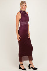Burgundy Ombre Mesh Ruched Sleeveless Midi Dress