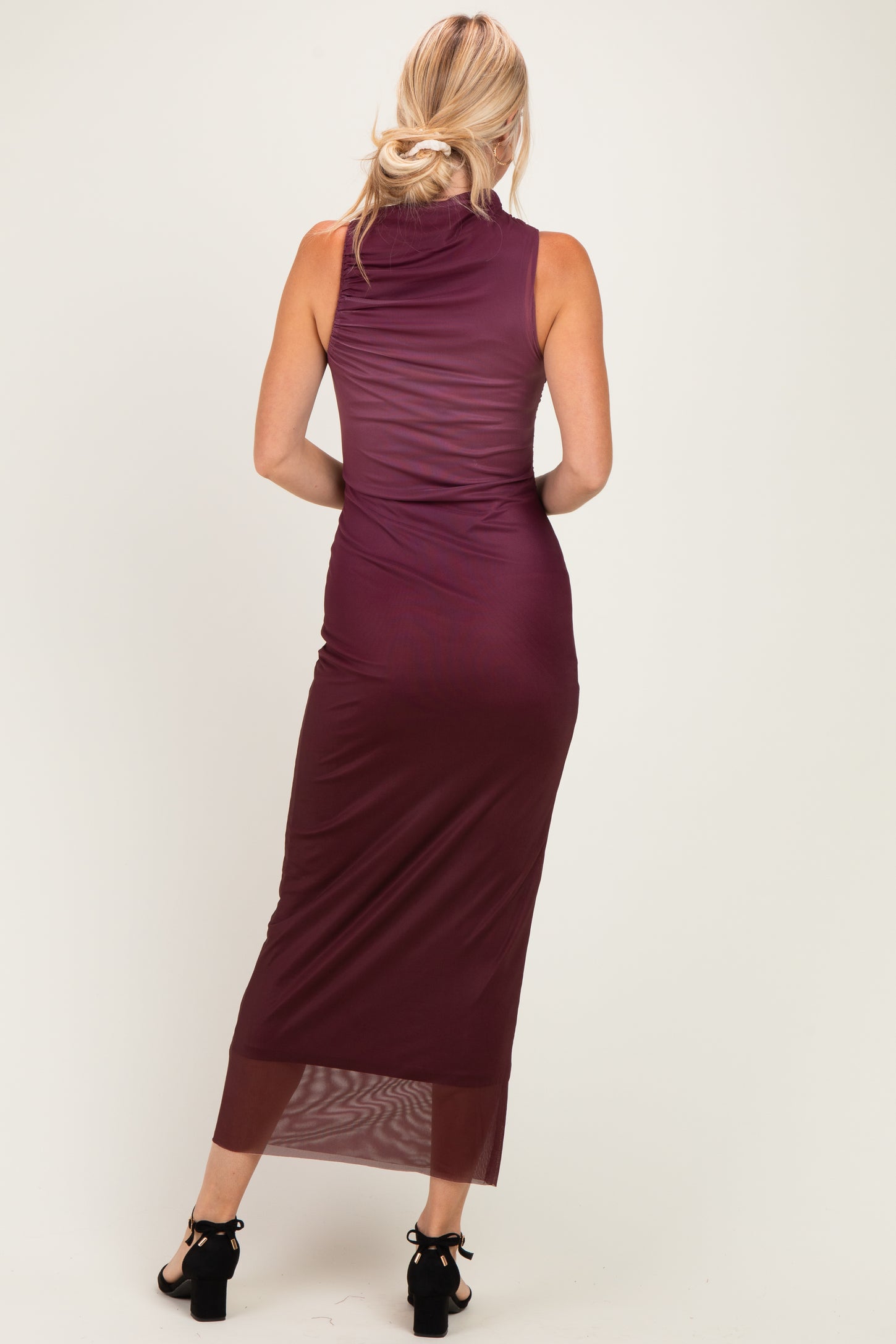 Burgundy Ombre Mesh Ruched Sleeveless Midi Dress
