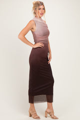 Coffee Ombre Mesh Ruched Sleeveless Midi Dress