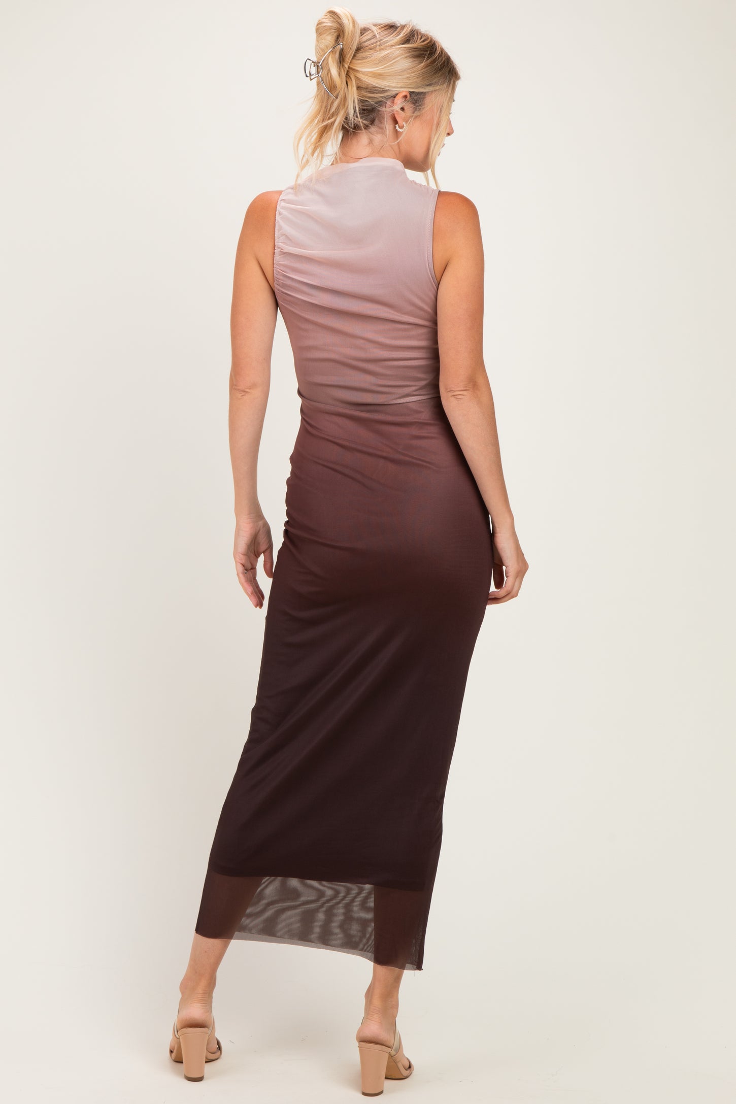 Coffee Ombre Mesh Ruched Sleeveless Midi Dress