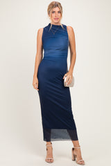 Navy Ombre Mesh Ruched Sleeveless Maternity Midi Dress