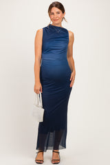Navy Ombre Mesh Ruched Sleeveless Maternity Midi Dress