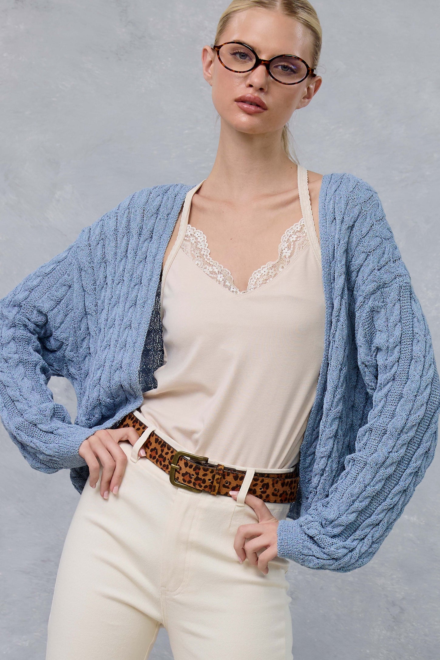Blue Dolman Sleeve Boho Cable Knit Cardigan