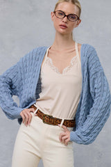 Blue Dolman Sleeve Boho Cable Knit Cardigan