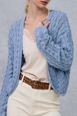 Blue Dolman Sleeve Boho Cable Knit Cardigan