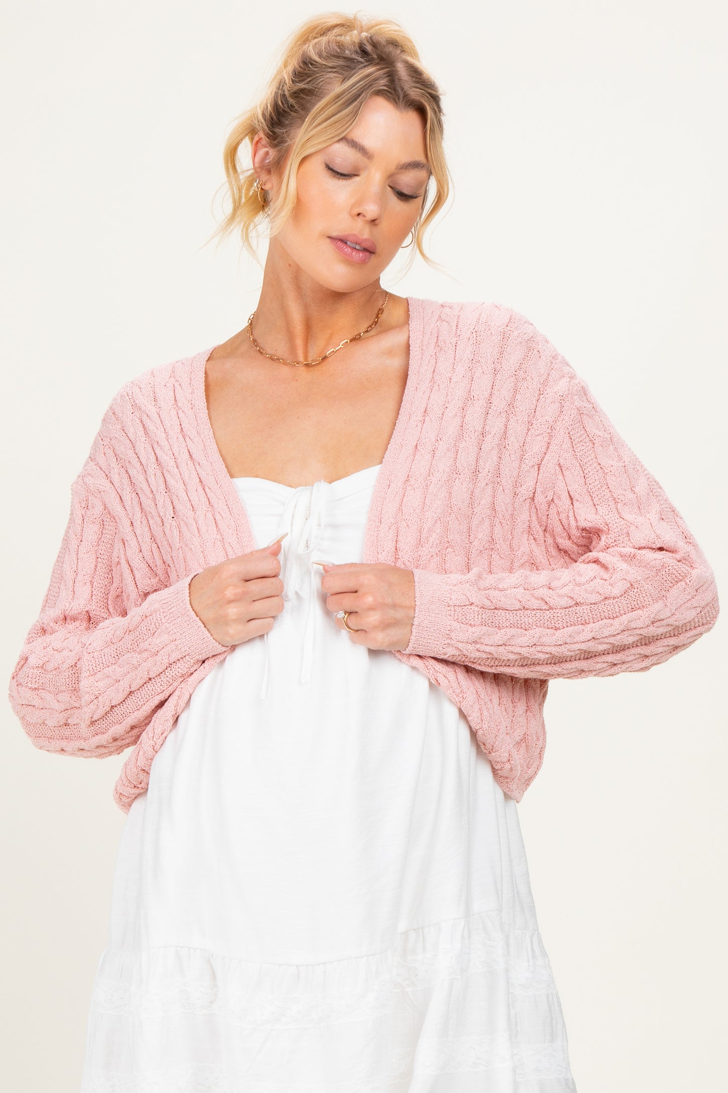 Pink Dolman Sleeve Boho Cable Knit Maternity Cardigan