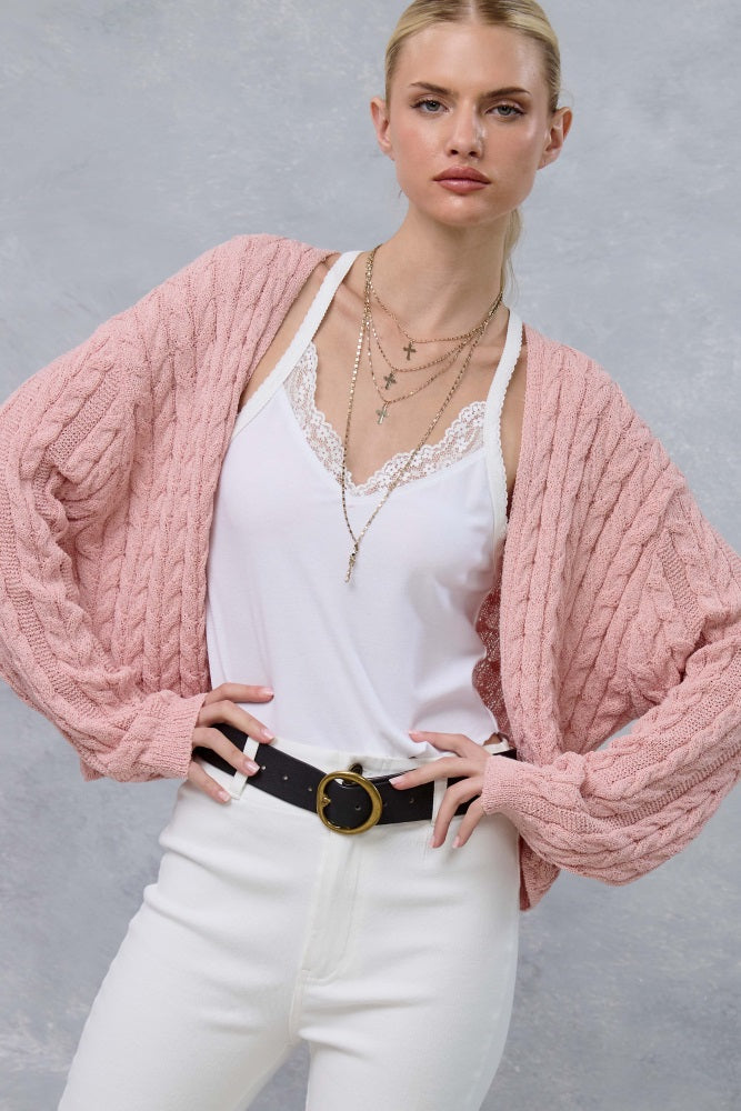 Pink Dolman Sleeve Boho Cable Knit Cardigan