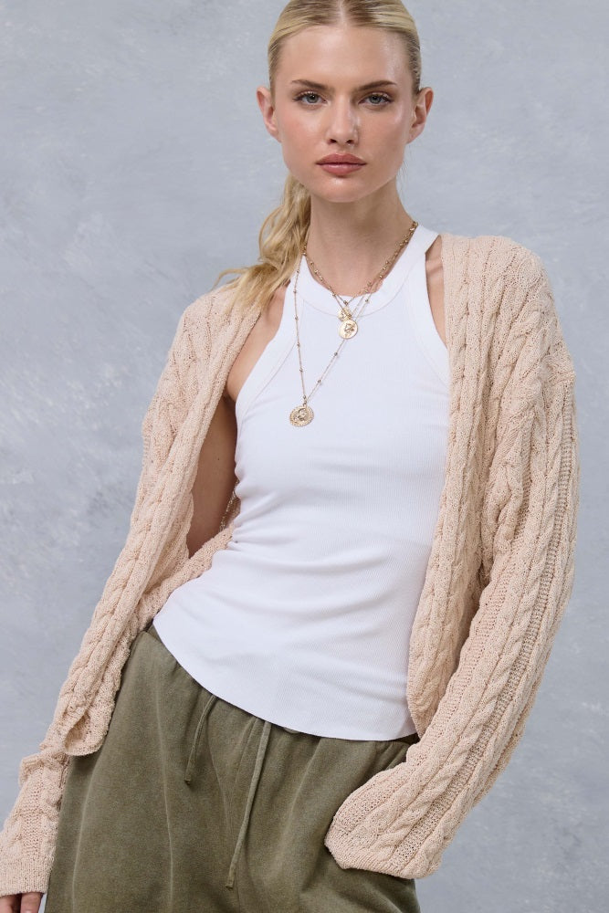 Beige Dolman Sleeve Boho Cable Knit Cardigan