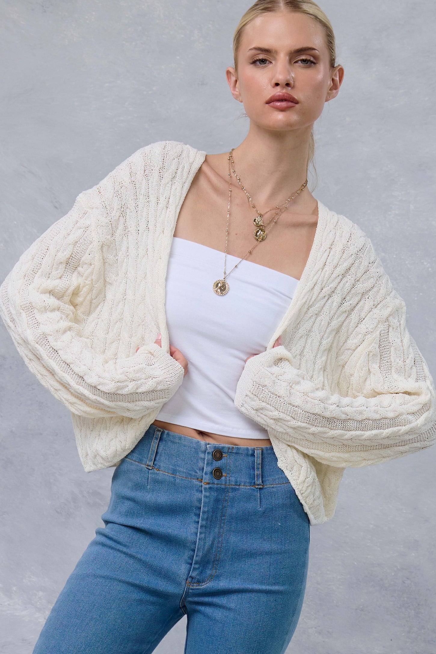 Cream Dolman Sleeve Boho Cable Knit Maternity Cardigan