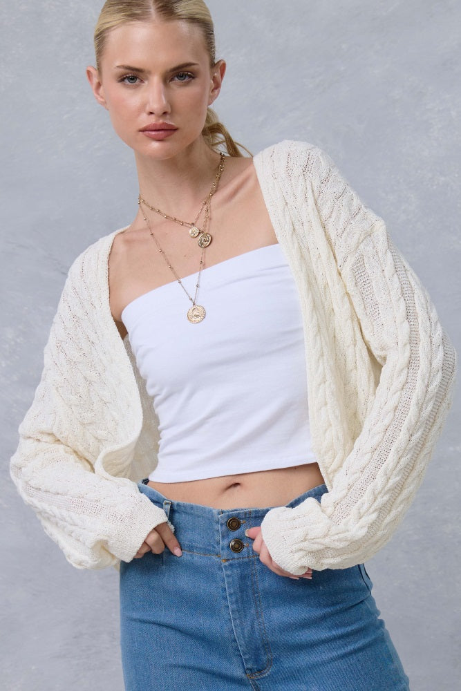Cream Dolman Sleeve Boho Cable Knit Cardigan