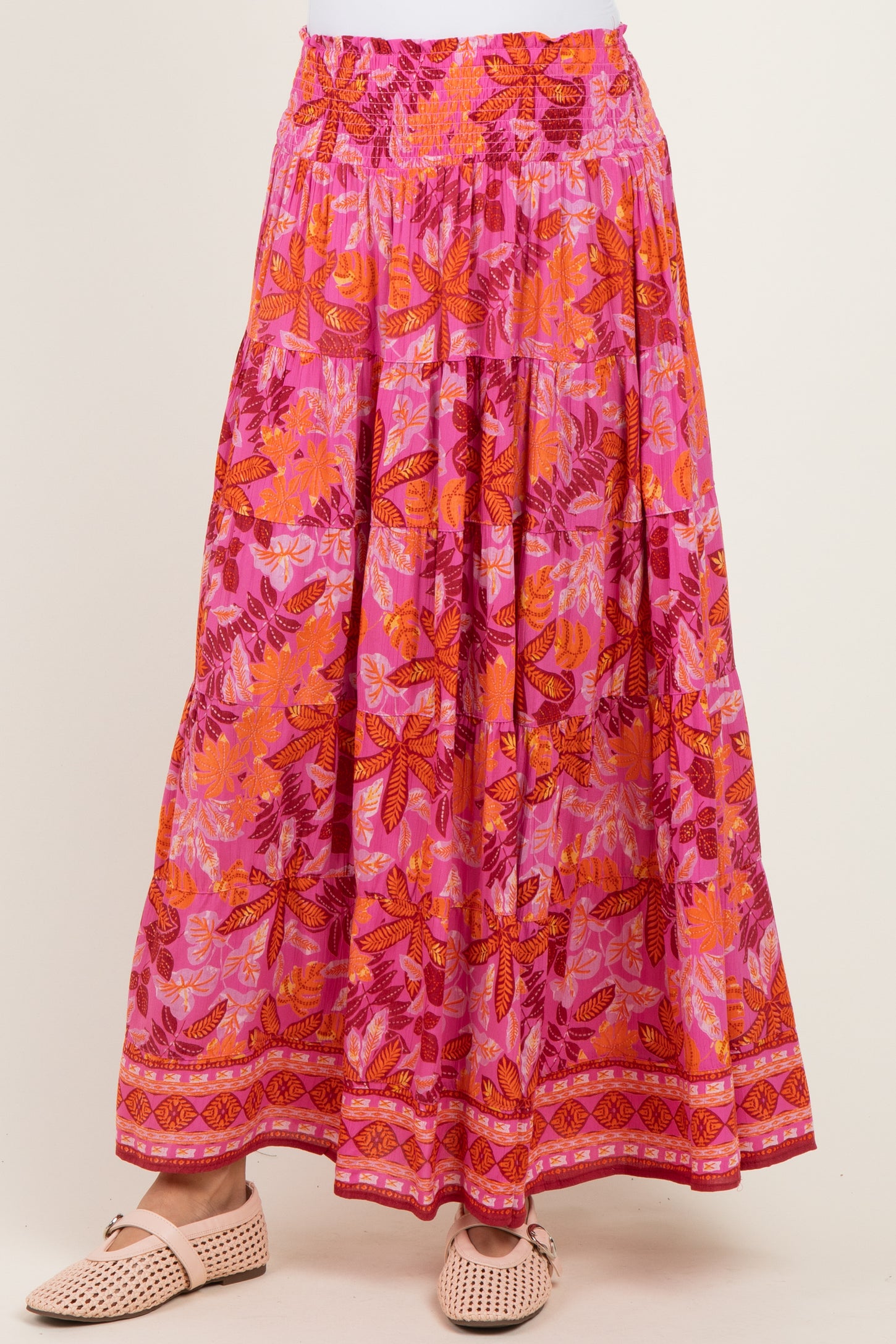 Fuchsia Floral Tiered Smocked Waistband Maxi Skirt