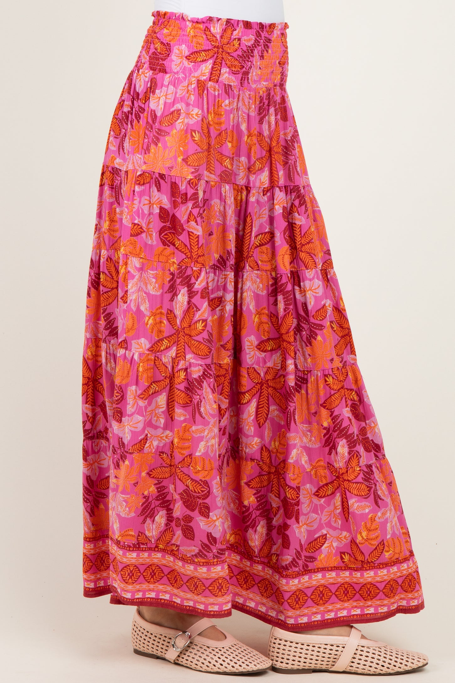 Fuchsia Floral Tiered Smocked Waistband Maxi Skirt