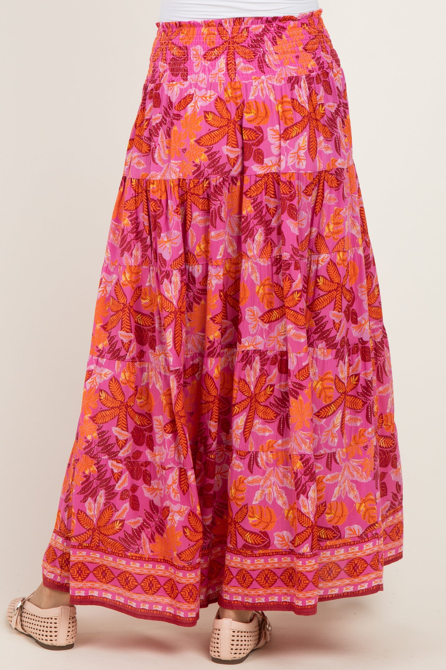 Fuchsia Floral Tiered Smocked Waistband Maxi Skirt