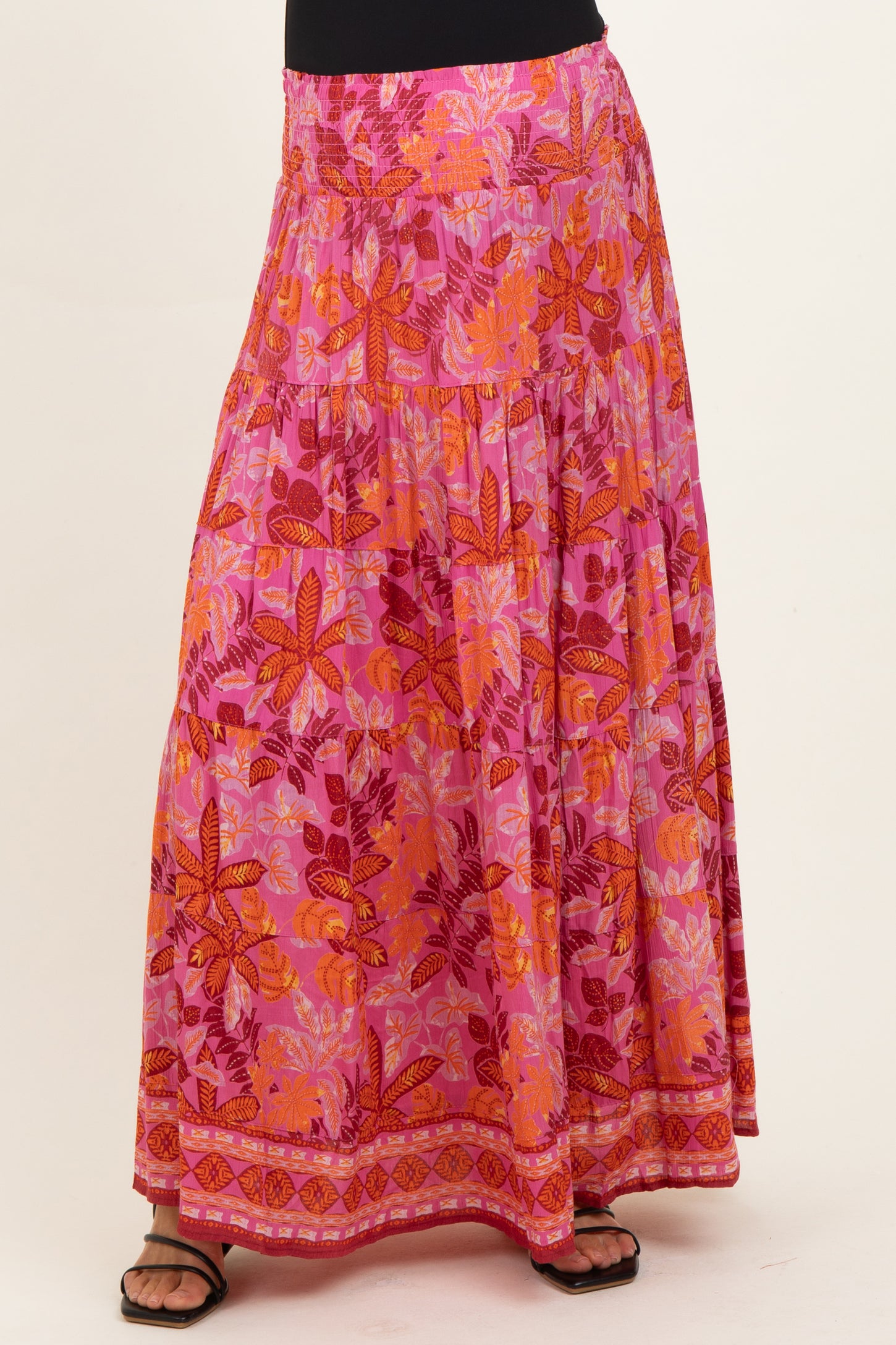 Fuchsia Floral Tiered Smocked Waistband Maternity Maxi Skirt