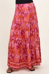 Fuchsia Floral Tiered Smocked Waistband Maternity Maxi Skirt