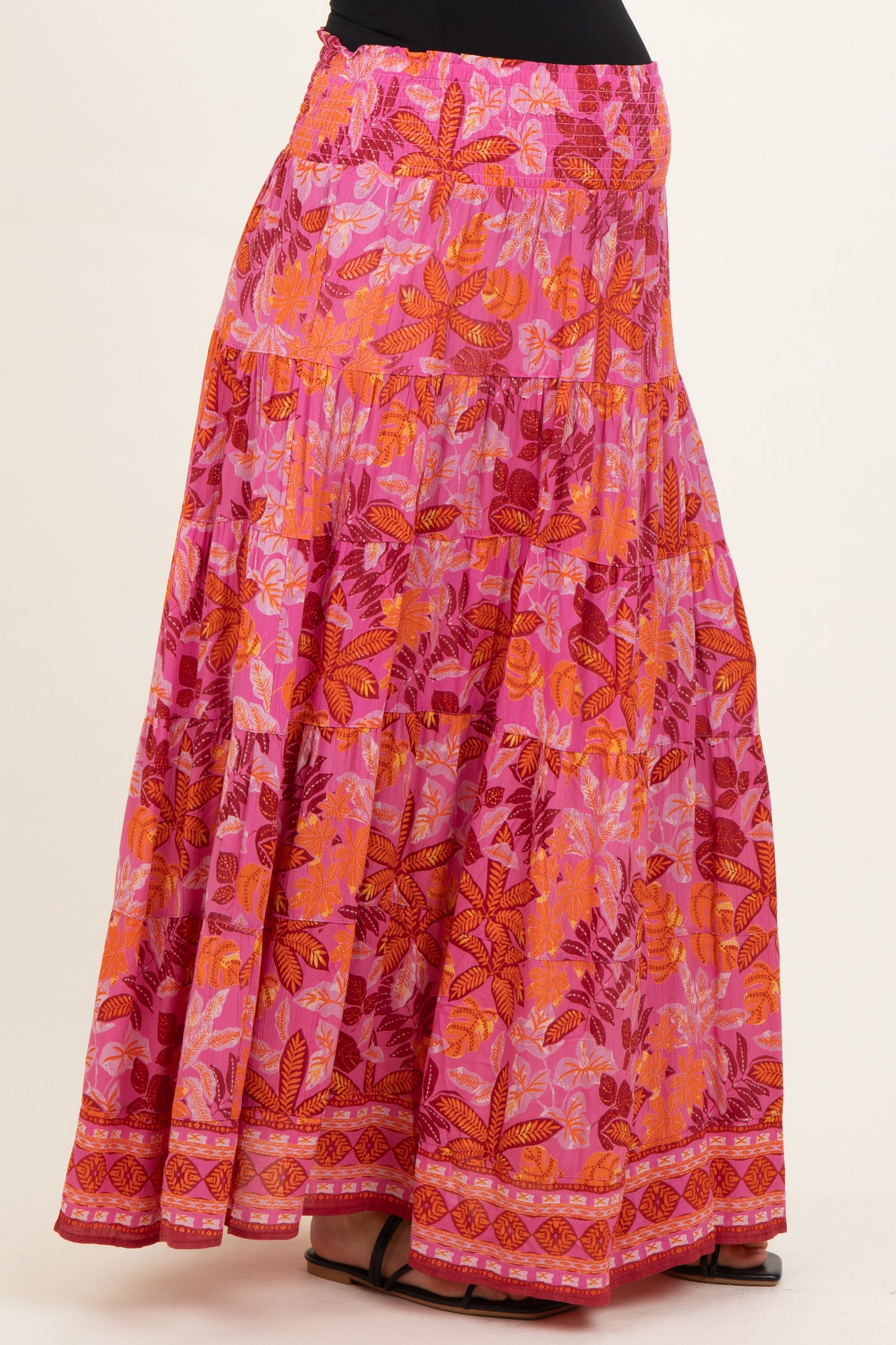 Fuchsia Floral Tiered Smocked Waistband Maternity Maxi Skirt