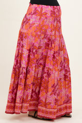 Fuchsia Floral Tiered Smocked Waistband Maternity Maxi Skirt