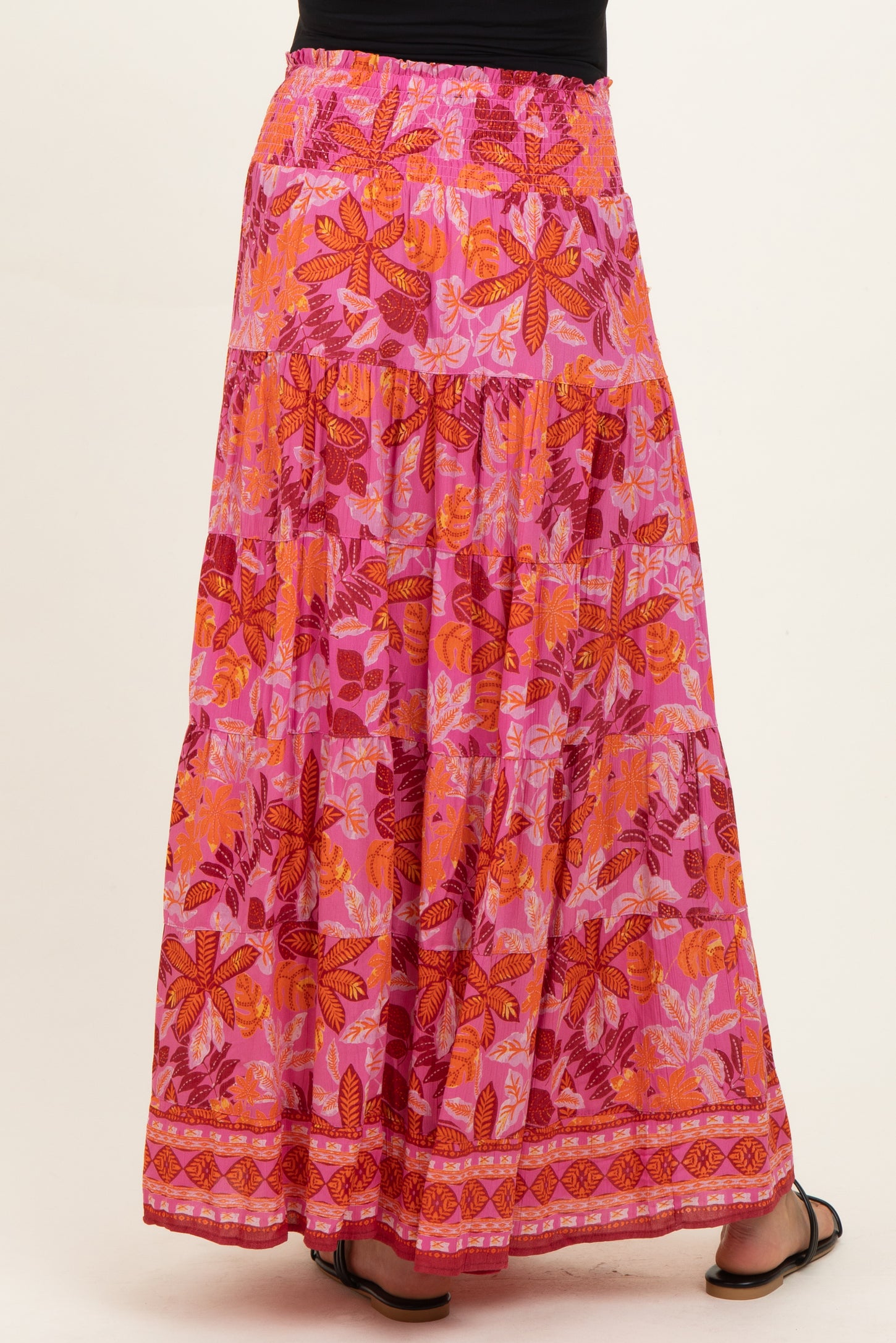 Fuchsia Floral Tiered Smocked Waistband Maternity Maxi Skirt