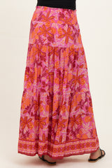 Fuchsia Floral Tiered Smocked Waistband Maternity Maxi Skirt