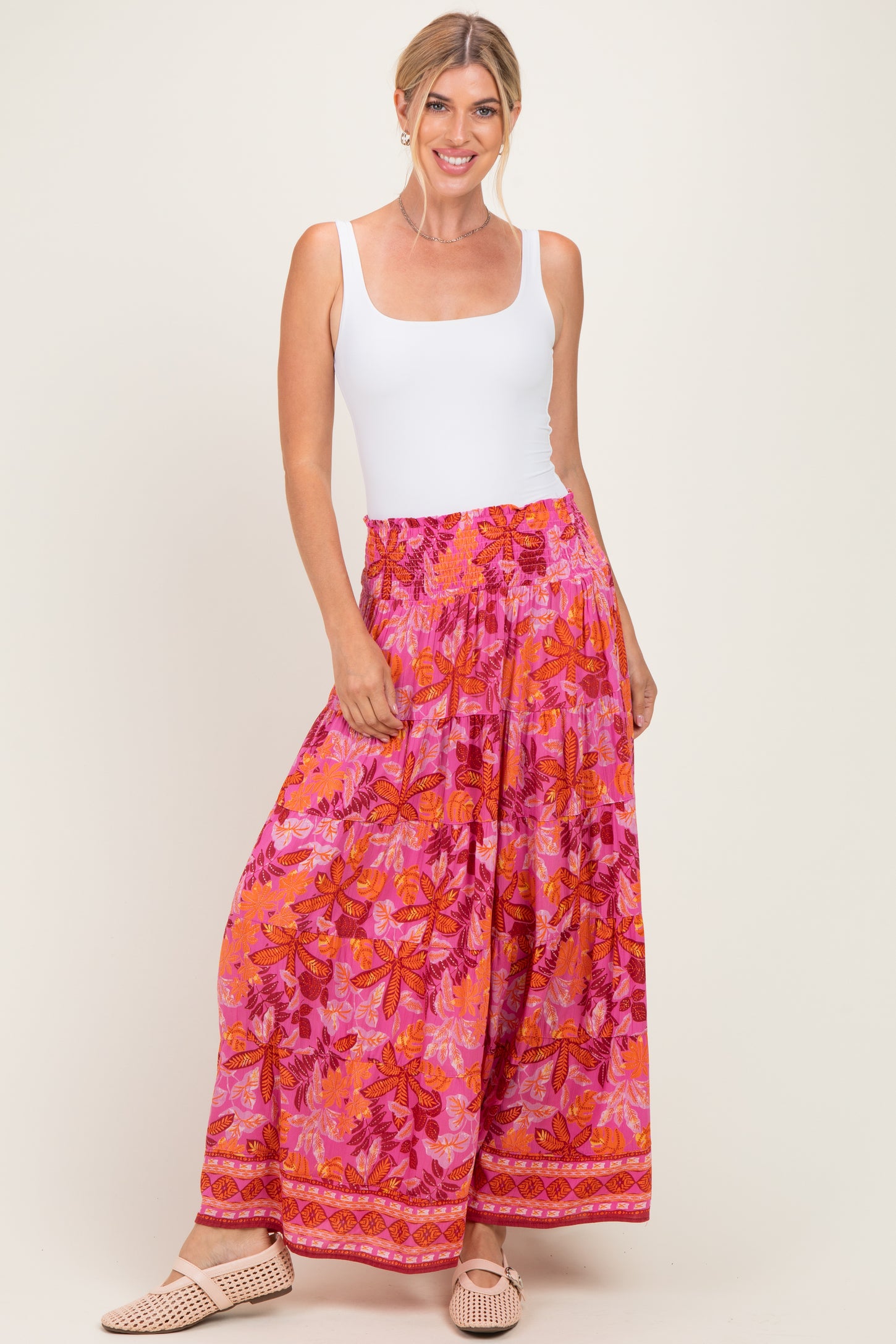 Fuchsia Floral Tiered Smocked Waistband Maxi Skirt