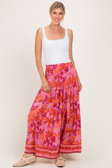 Fuchsia Floral Tiered Smocked Waistband Maxi Skirt