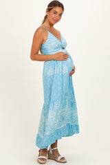 Light Blue V-Neck Twist Front Cut Out Maternity Maxi Dress