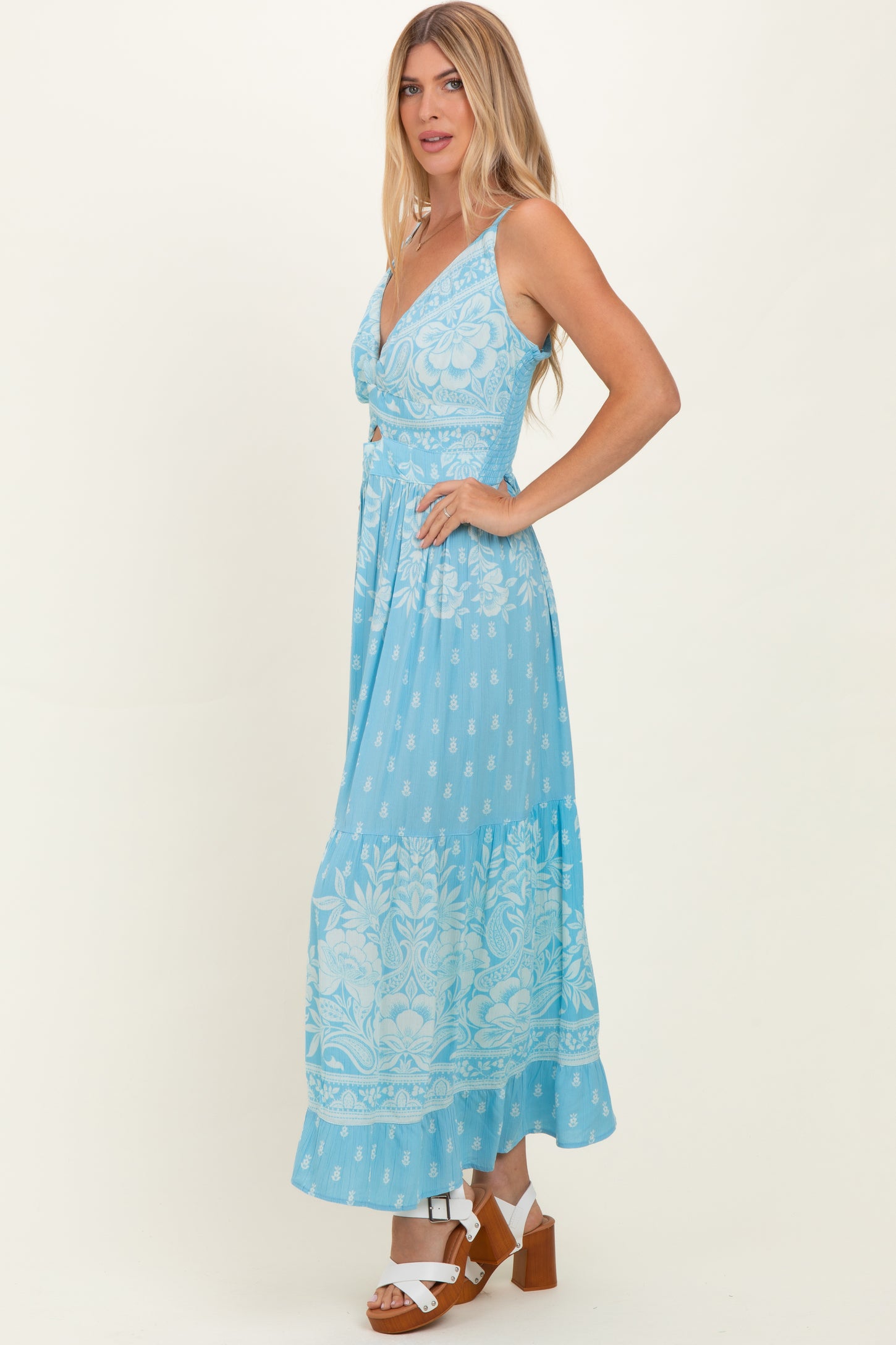 Light Blue V-Neck Twist Front Cut Out Maxi Dress