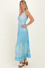 Light Blue V-Neck Twist Front Cut Out Maxi Dress