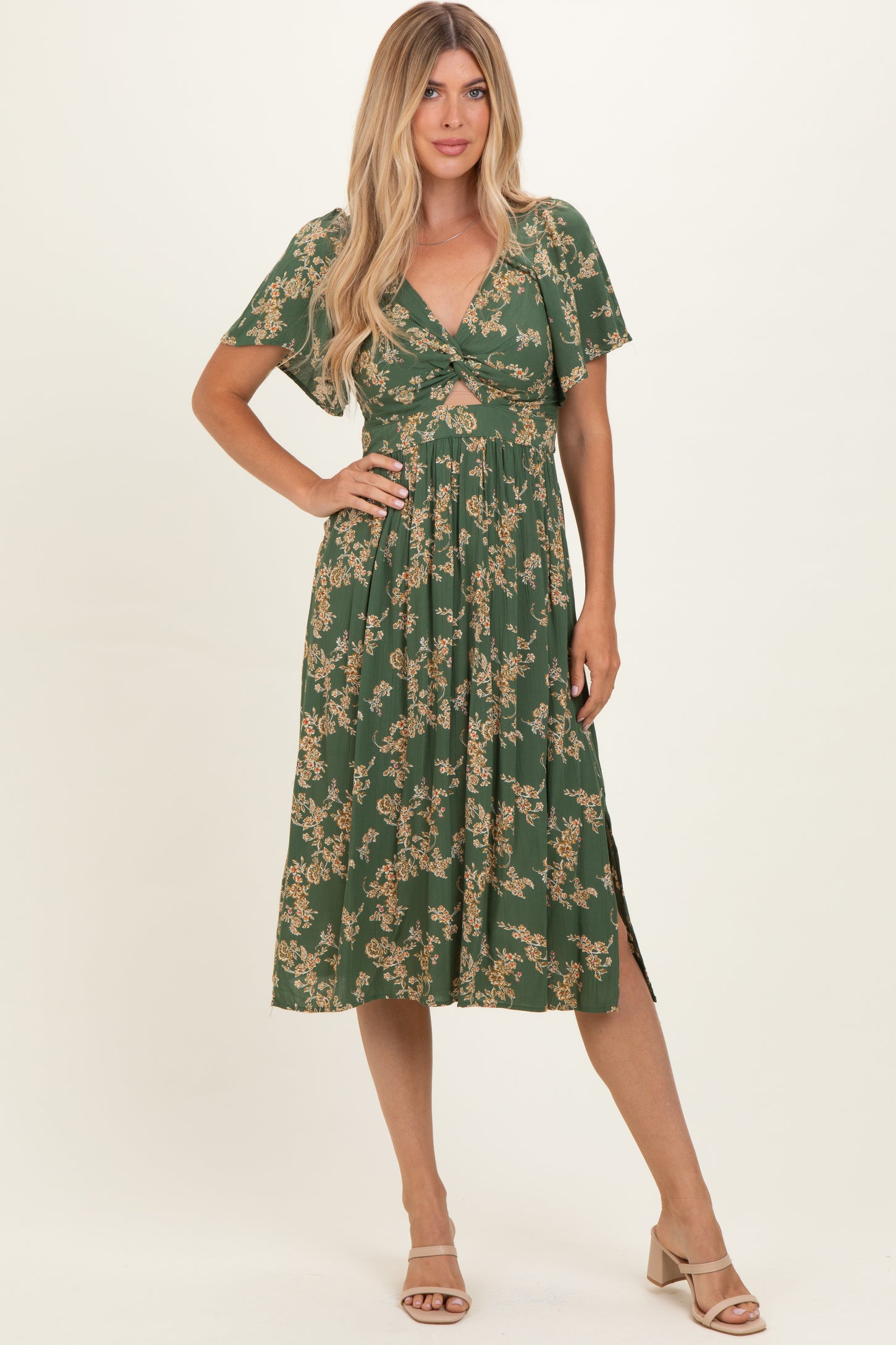 Olive Floral Short Sleeve V-Neck Twist Front Maternity Midi Dress