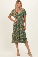 Olive Floral Short Sleeve V-Neck Twist Front Maternity Midi Dress