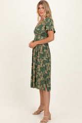 Olive Floral Short Sleeve V-Neck Twist Front Midi Dress