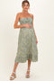 Green Floral Smocked Strapless Maternity Midi Dress