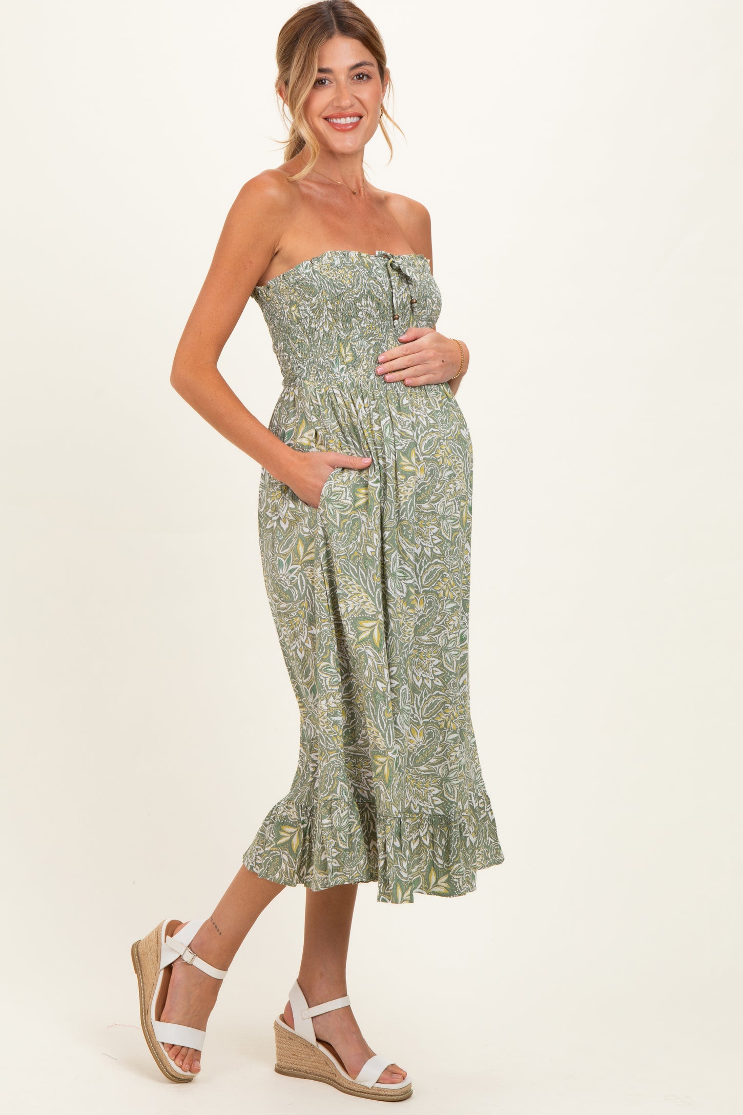Green Floral Smocked Strapless Maternity Midi Dress