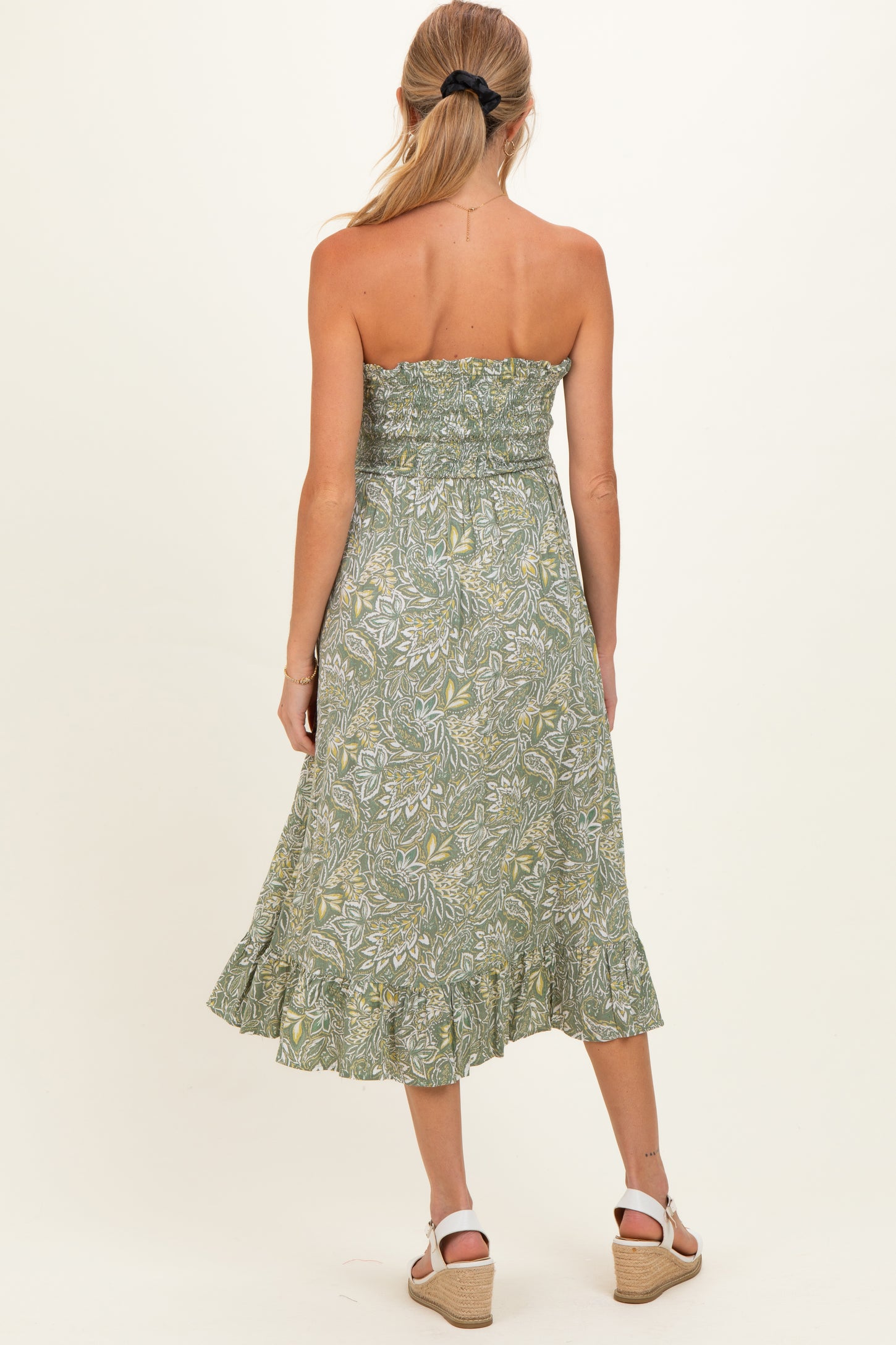 Green Floral Smocked Strapless Maternity Midi Dress