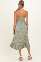 Green Floral Smocked Strapless Maternity Midi Dress