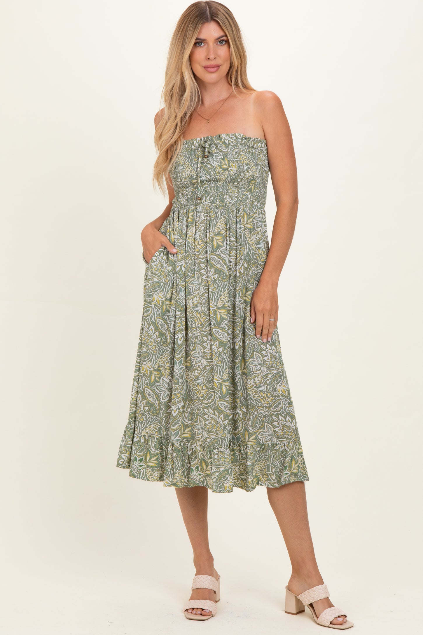 Green Floral Smocked Strapless Maternity Midi Dress