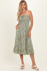 Green Floral Smocked Strapless Maternity Midi Dress