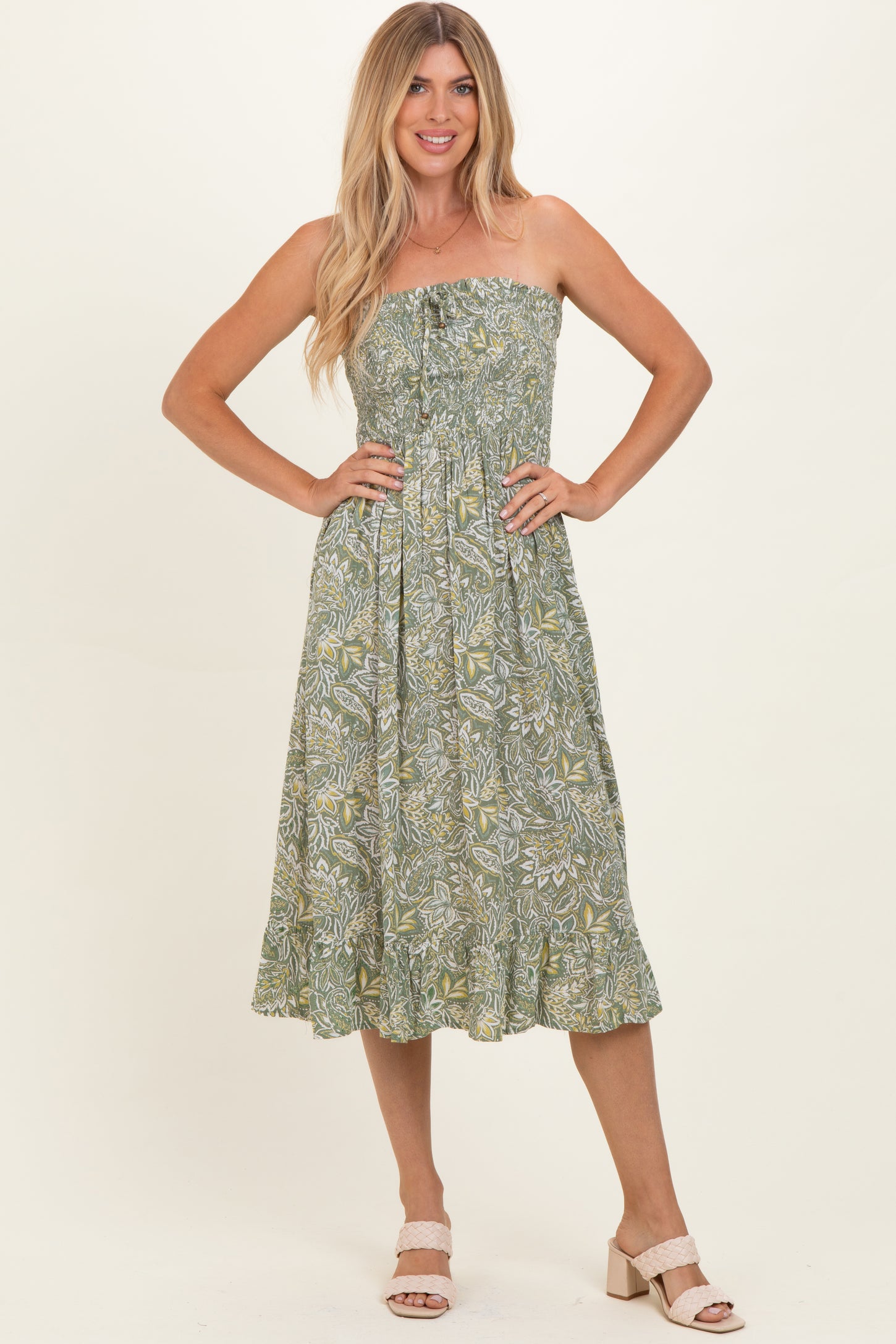 Green Floral Smocked Strapless Midi Dress