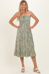 Green Floral Smocked Strapless Midi Dress