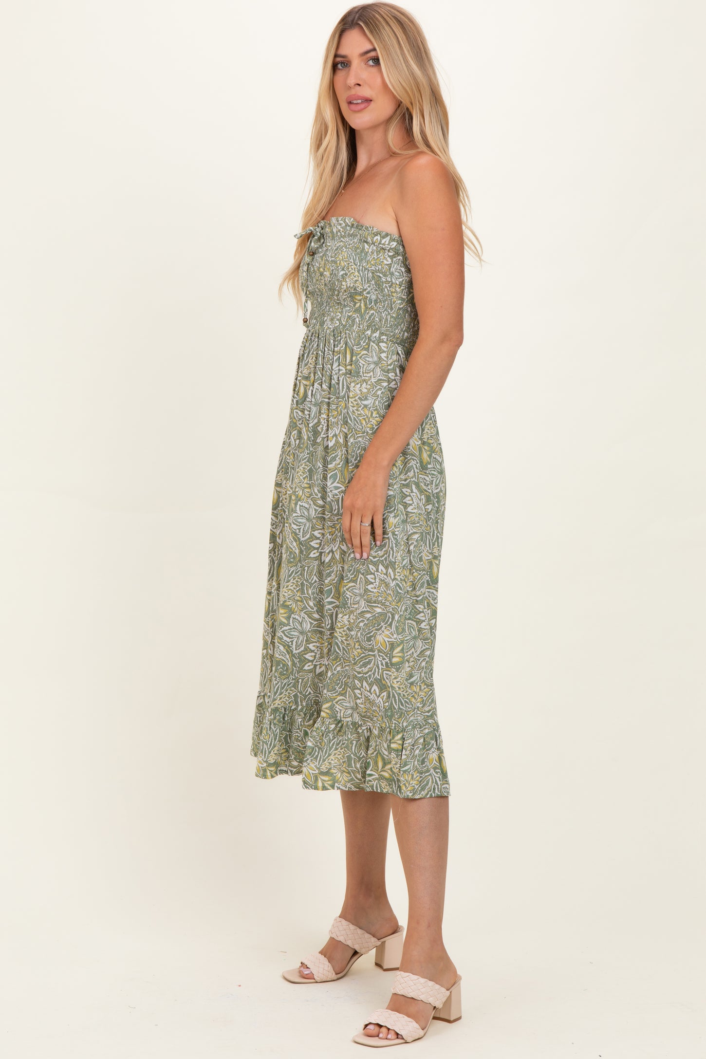 Green Floral Smocked Strapless Midi Dress