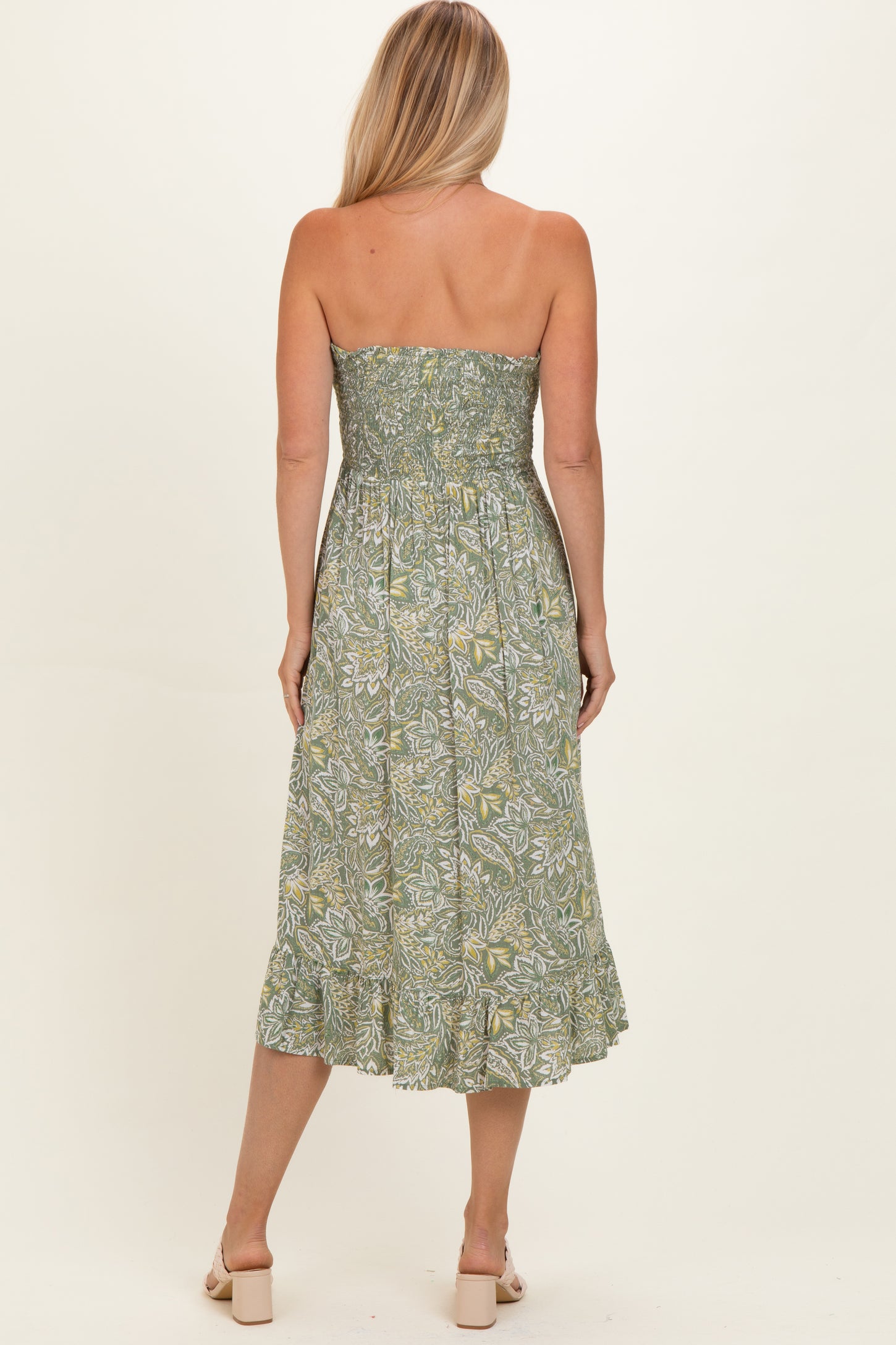 Green Floral Smocked Strapless Midi Dress