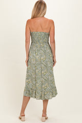 Green Floral Smocked Strapless Midi Dress